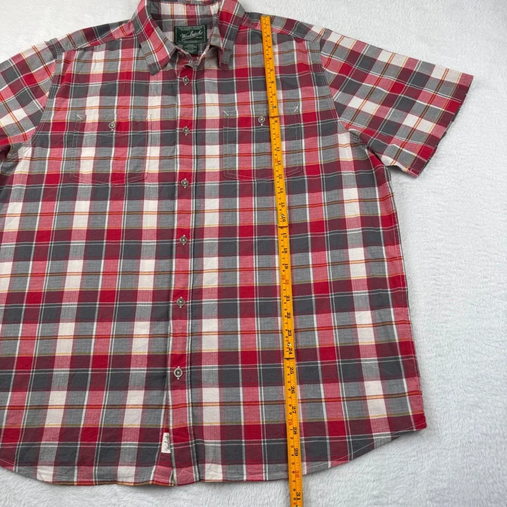 Woolrich Button Down Shirt Mens XL Red Plaid Short Sleeve Organic Cotton Stretch